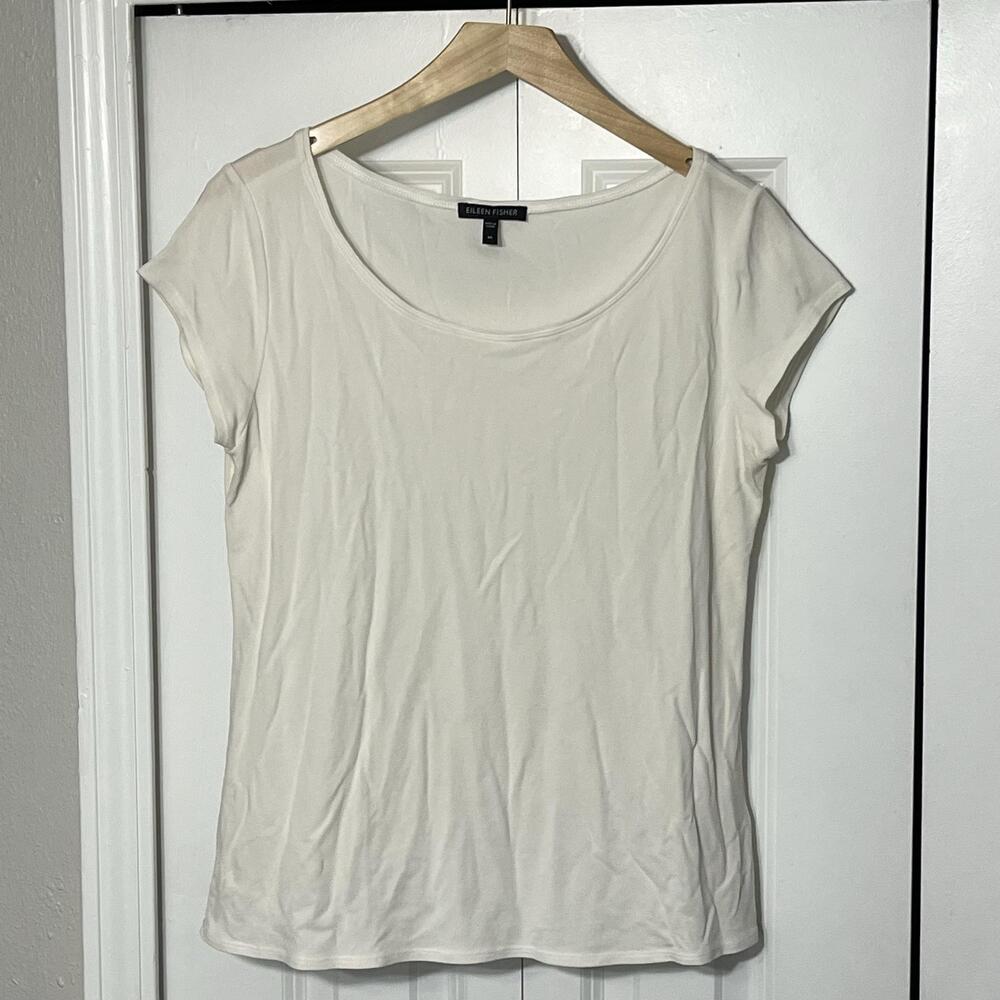 Eileen Fisher Top Womens M White 100% Silk Scoop Neck Cap Sleeve Tee Shirt